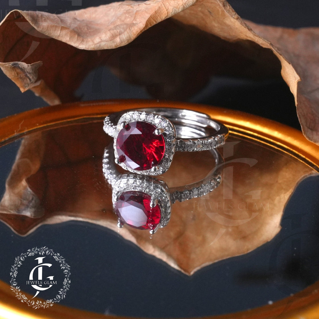 Crimson Glow Halo Silver Ring