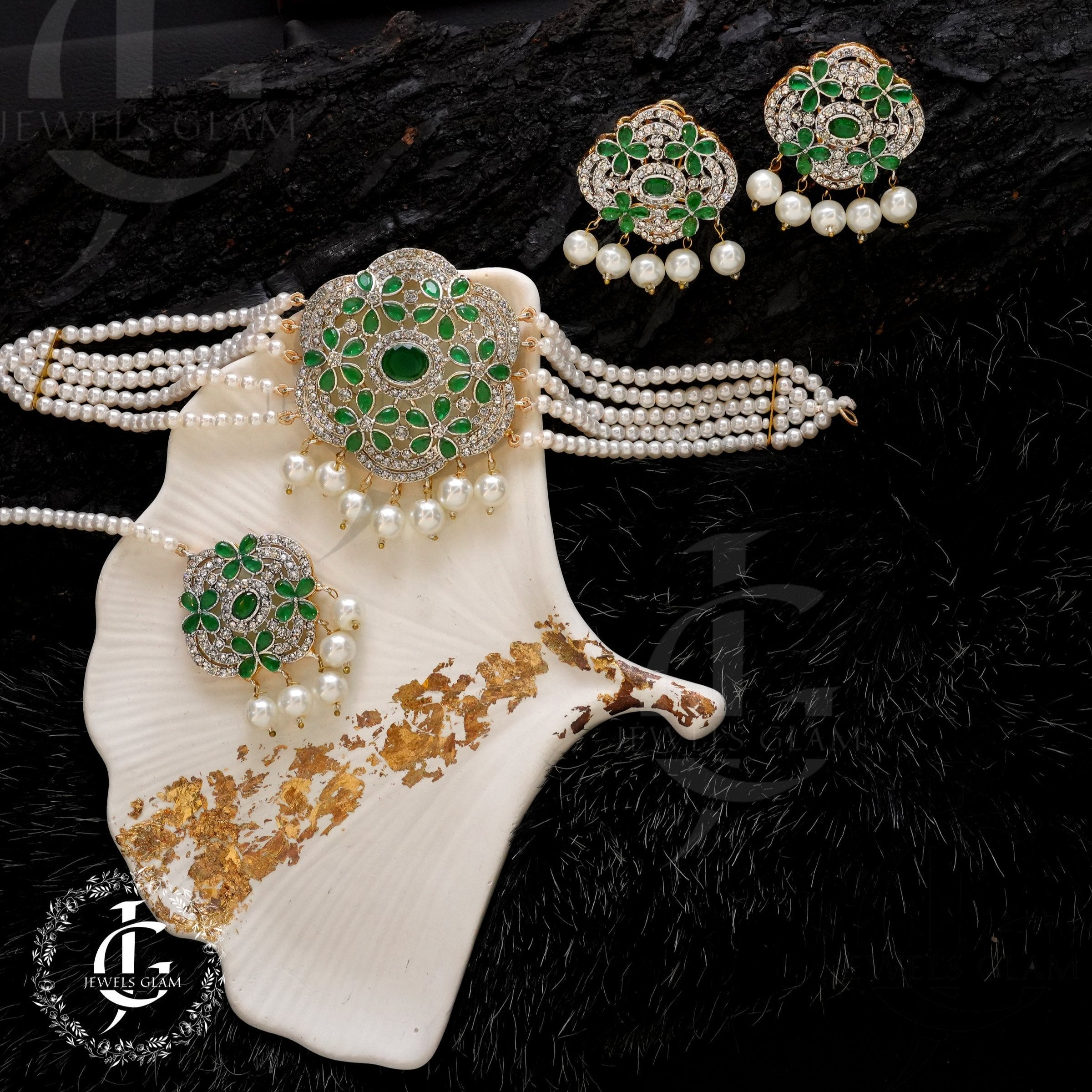 Midnight Pearl Elegance Jewelry Set Green