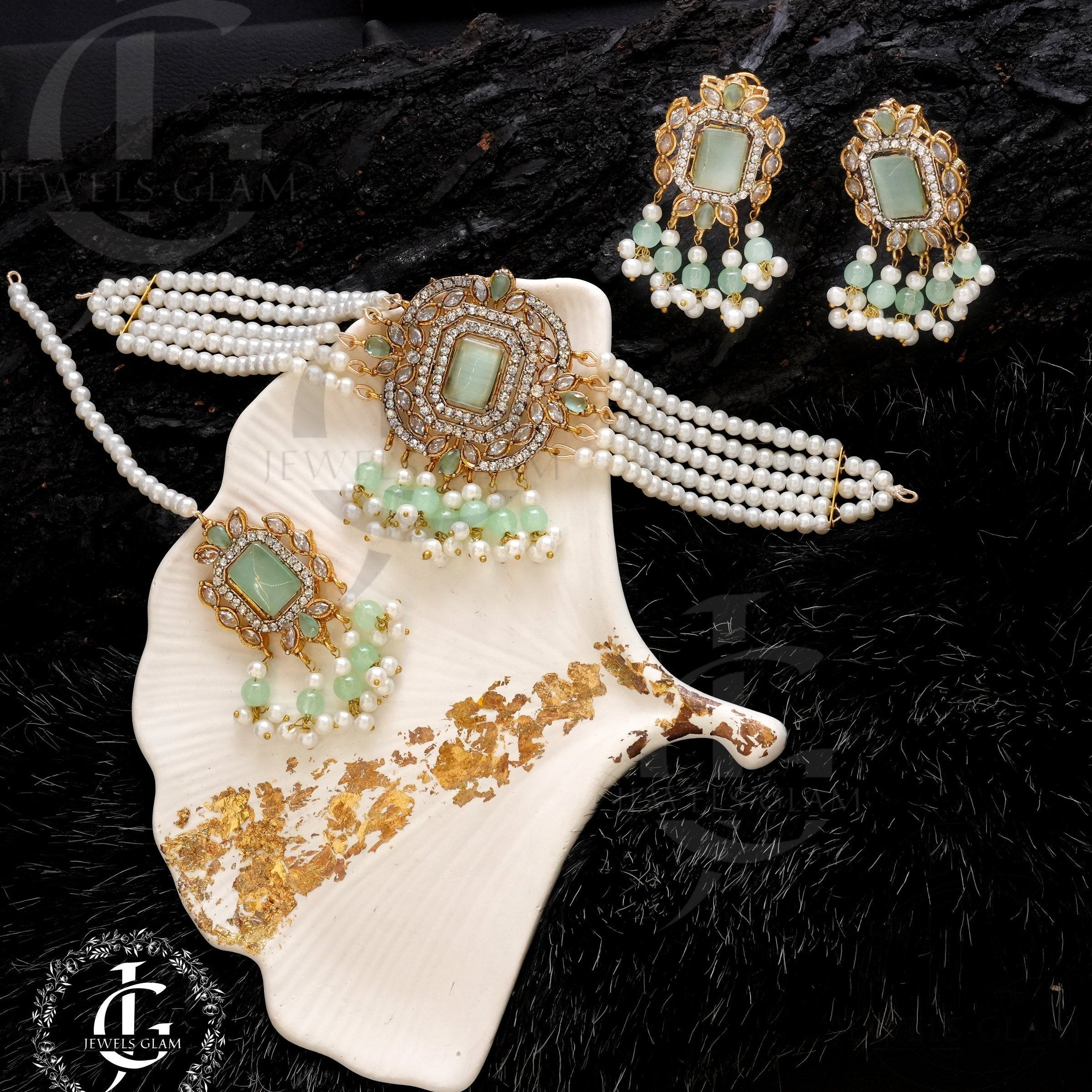 American Diamond Choker Set With Tika Mint Green