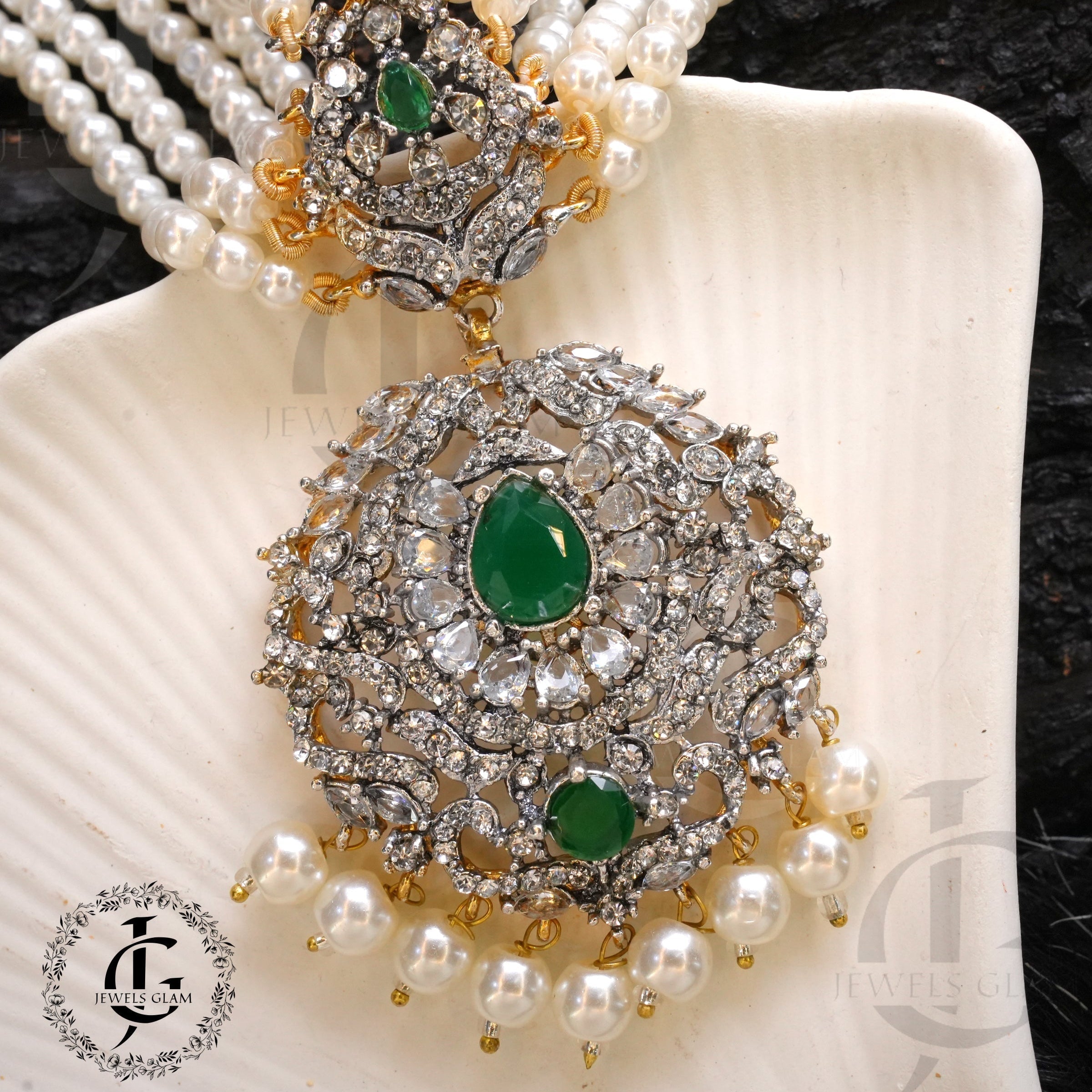Studded Zircon Choker Set Green