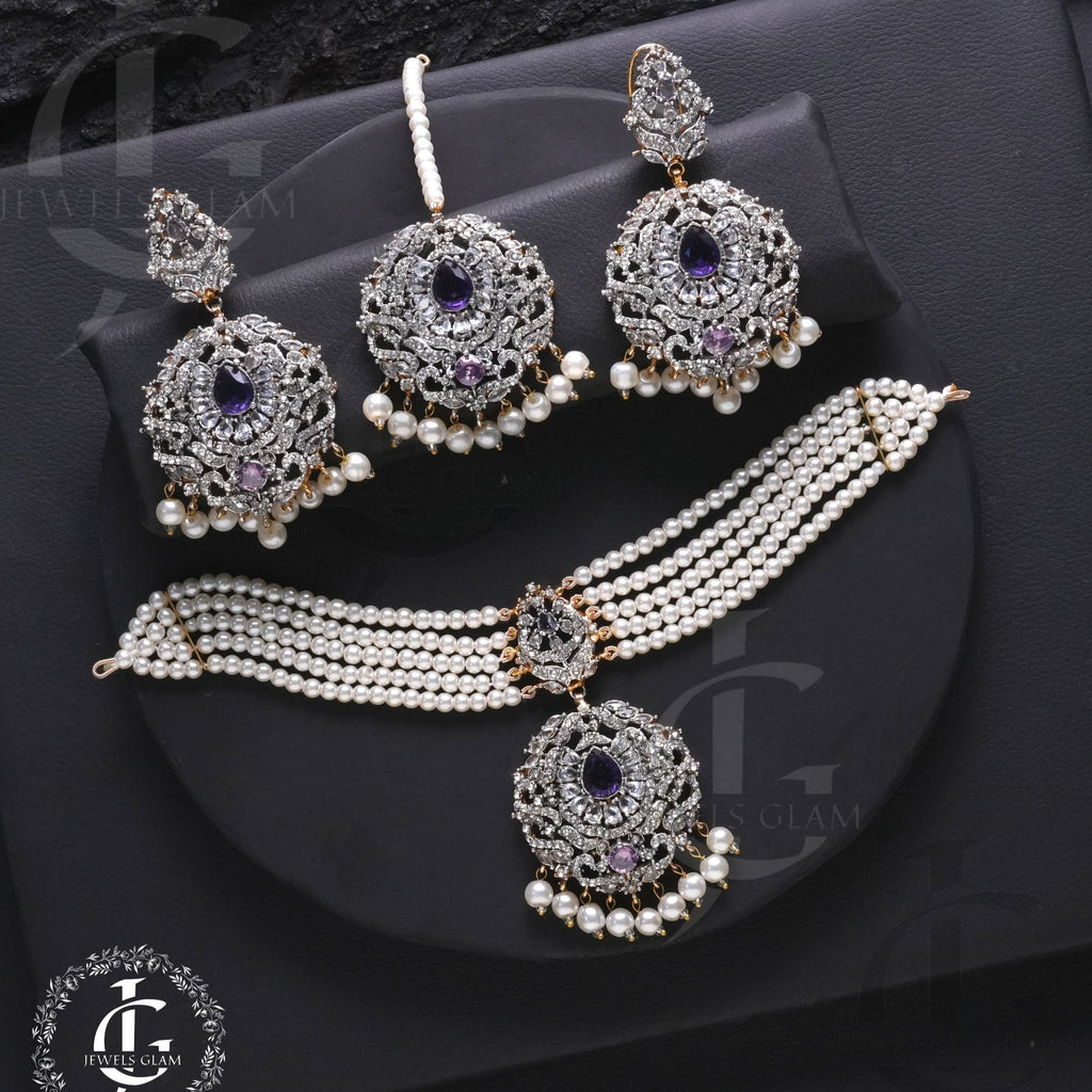Studded Zircon Choker Set Purple