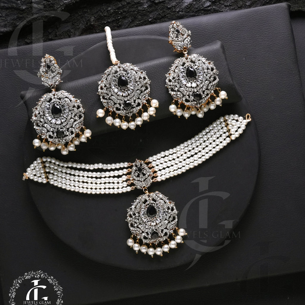 Studded Zircon Choker Set Black