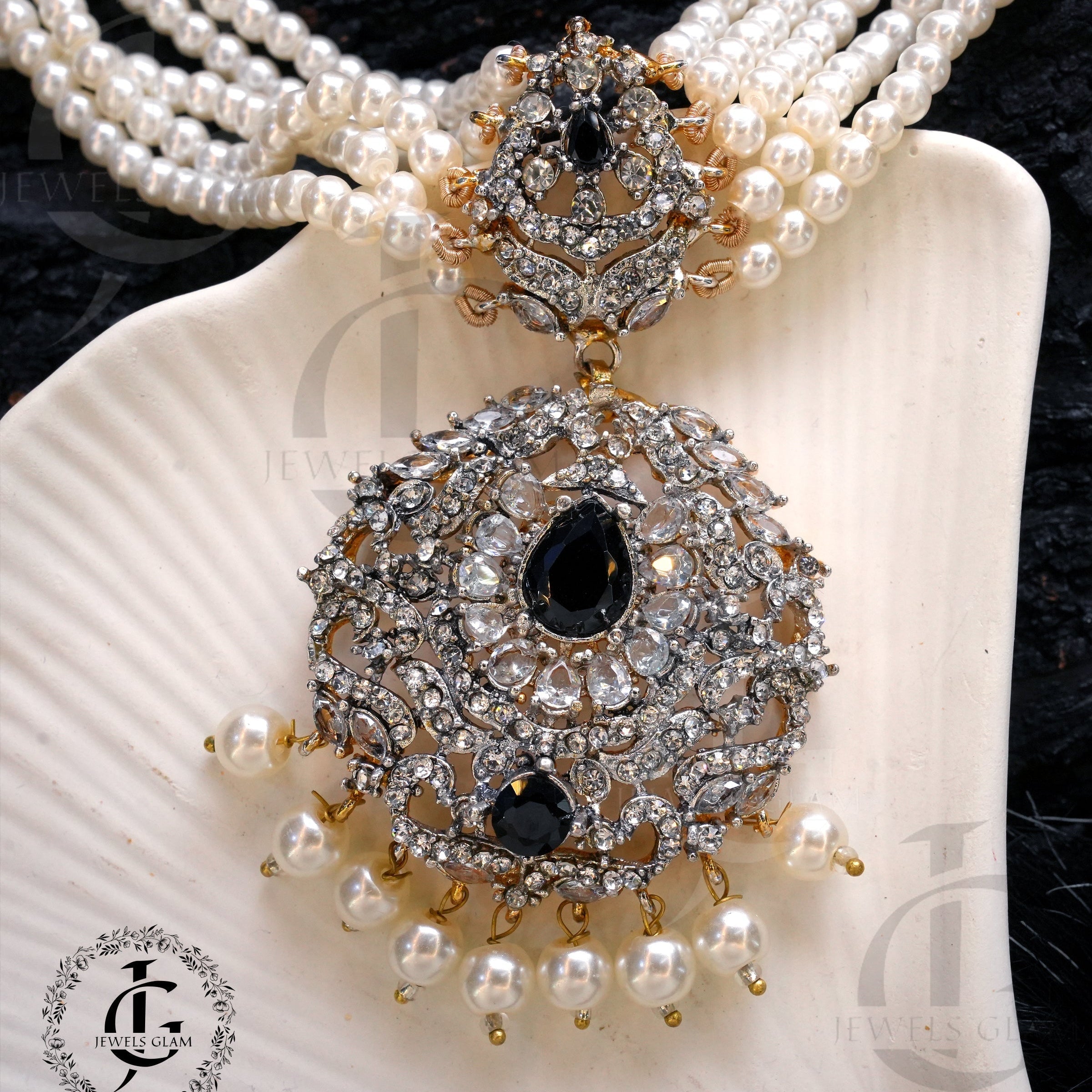 Studded Zircon Choker Set Black