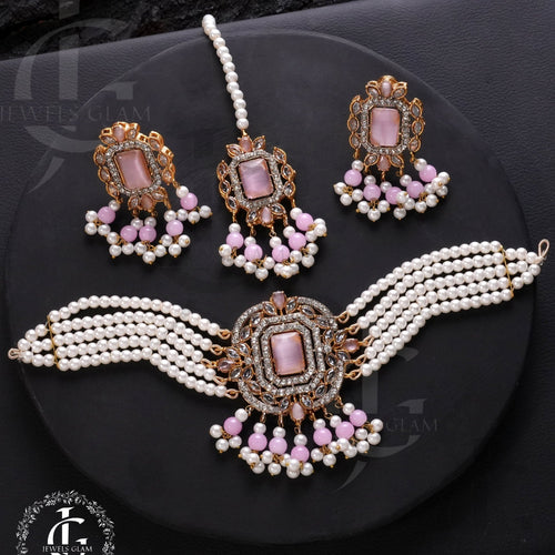 American Diamond Choker Set With Tika Pink