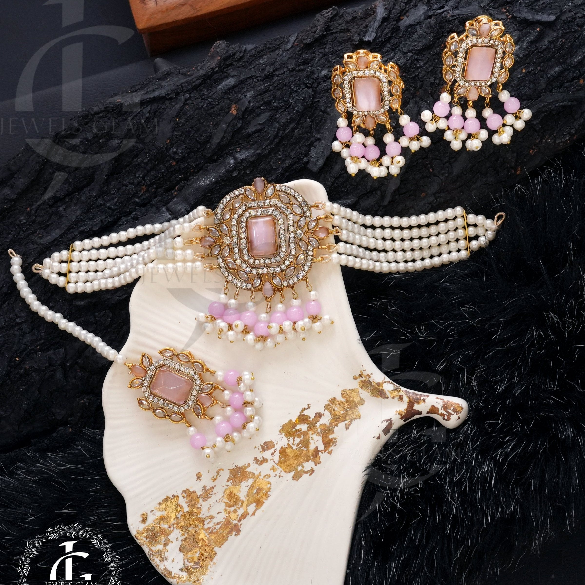 American Diamond Choker Set With Tika Pink