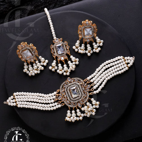 American Diamond Choker Set With Tika Crystal White