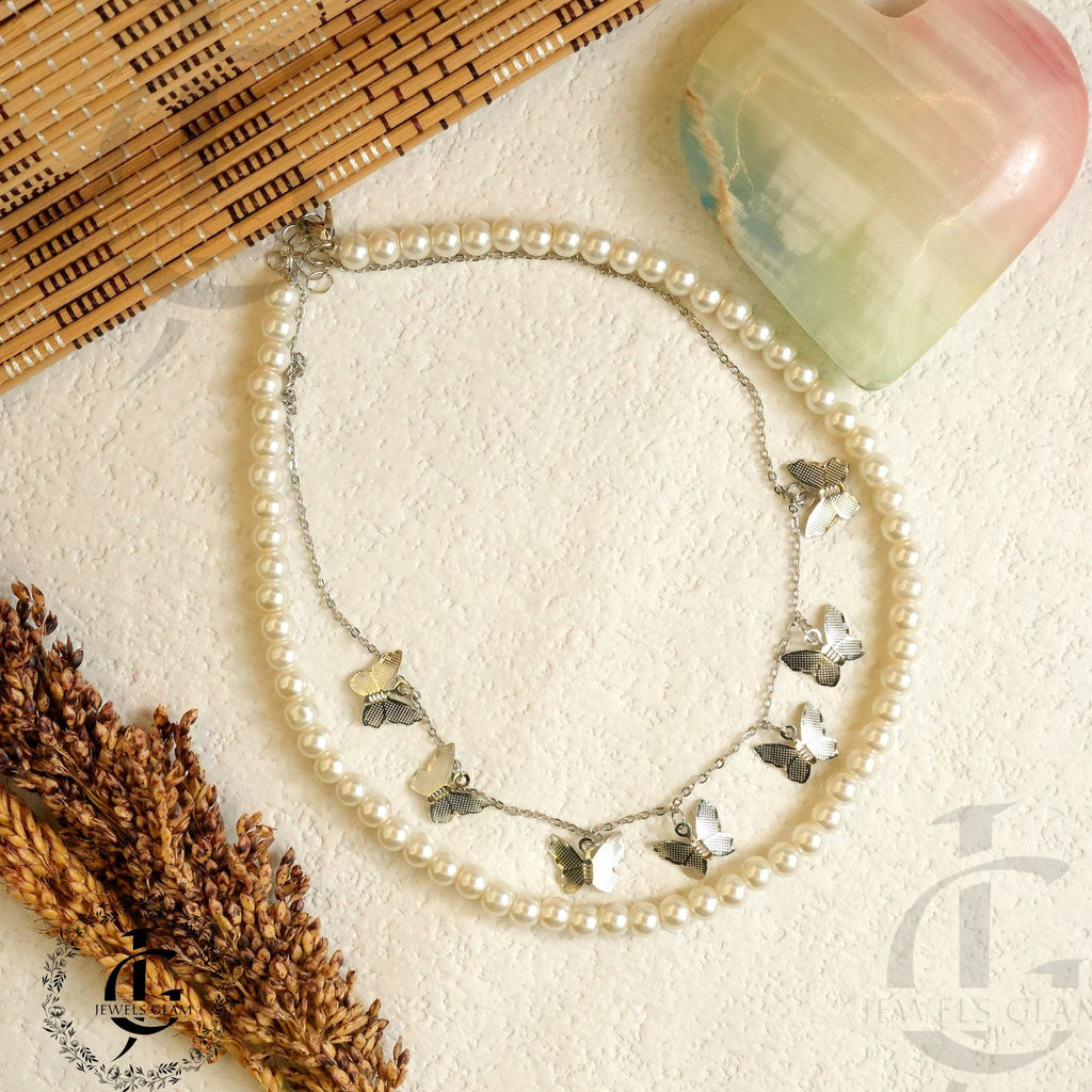Dual-Layered Pearl and Butterfly Charm Necklace