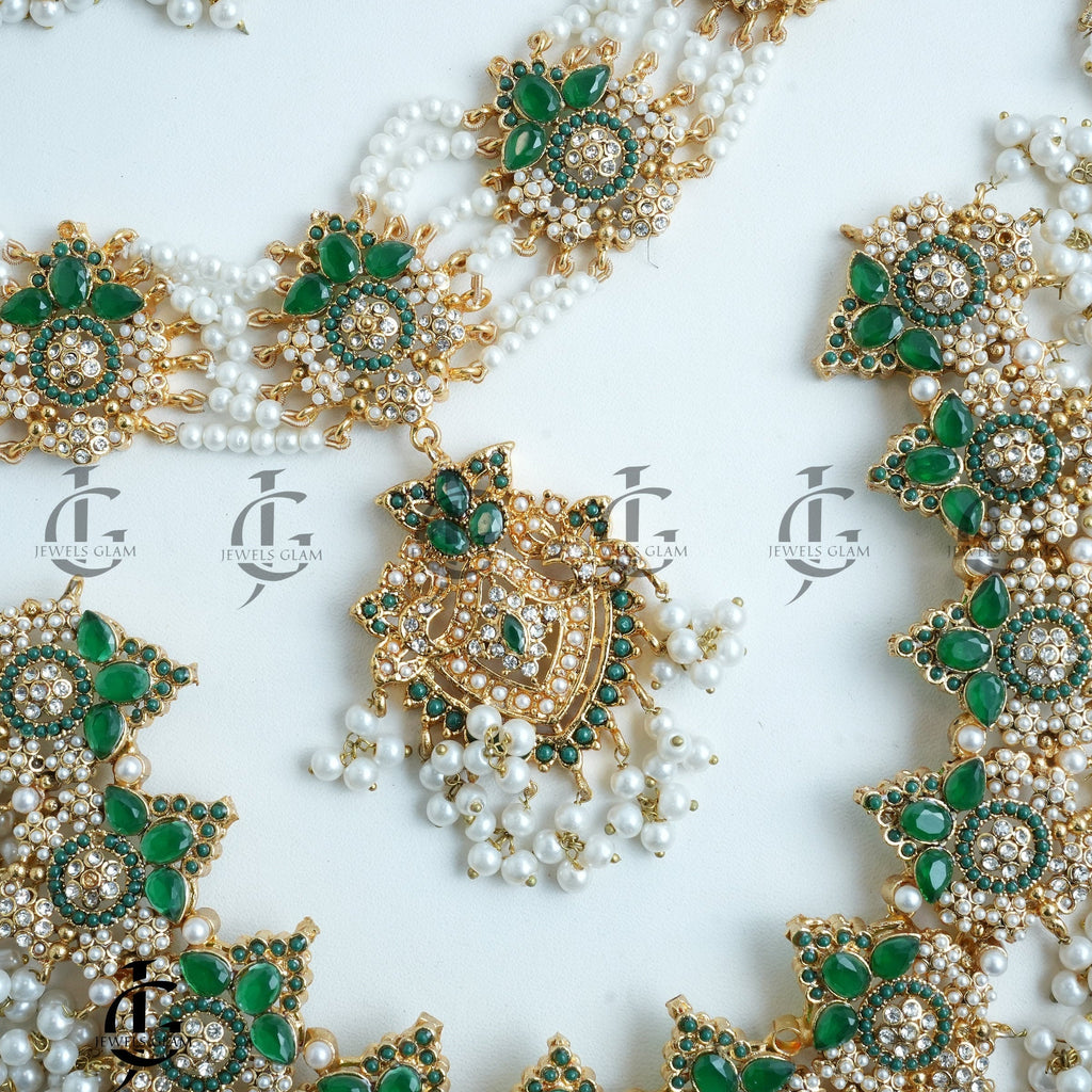 Exquisite Green & White Pearl Bridal Jewelry Set