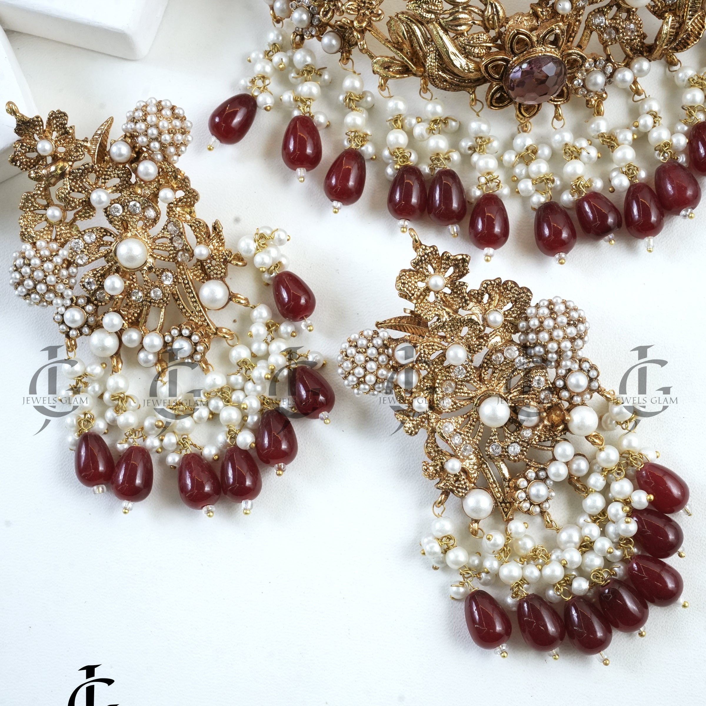 Matte Gold Turkish Collar Set With Deep Red and Pearl Accents