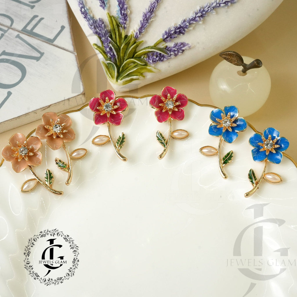 Vintage Golden Brown Enamel Flower Stud Earring