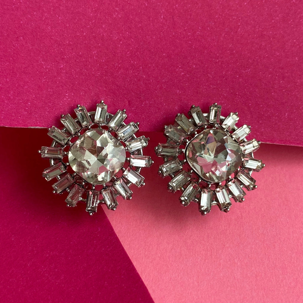 Sparkling Silver Sunburst Crystal Stud Earrings