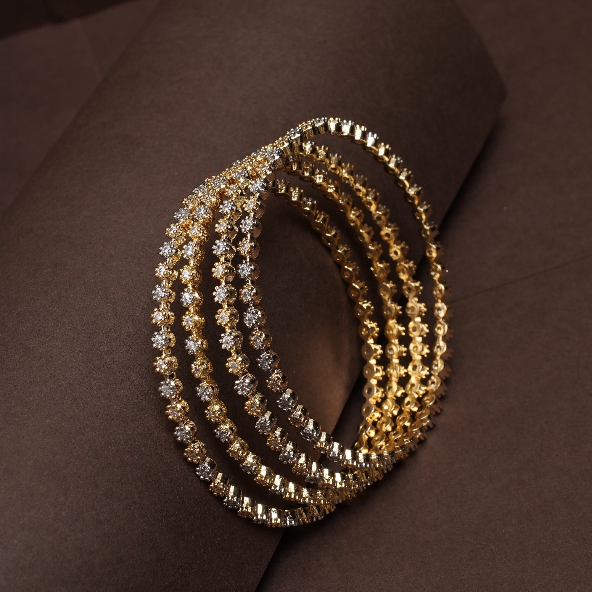Radiant Crystal-Studded Gold Bangles Set 4Pc